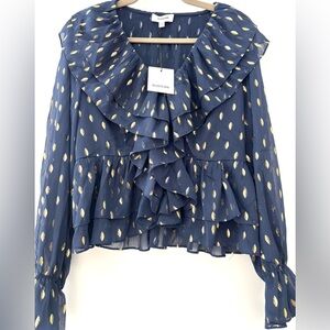 Blue Ruffled Blouse with Gold Accents